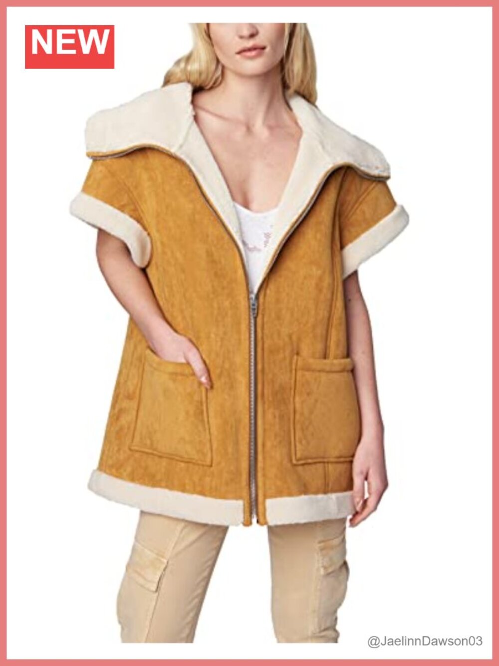 Faux Suede and Sherpa Bonded Short Sleeve Vest Relaxed Fit Zip Up